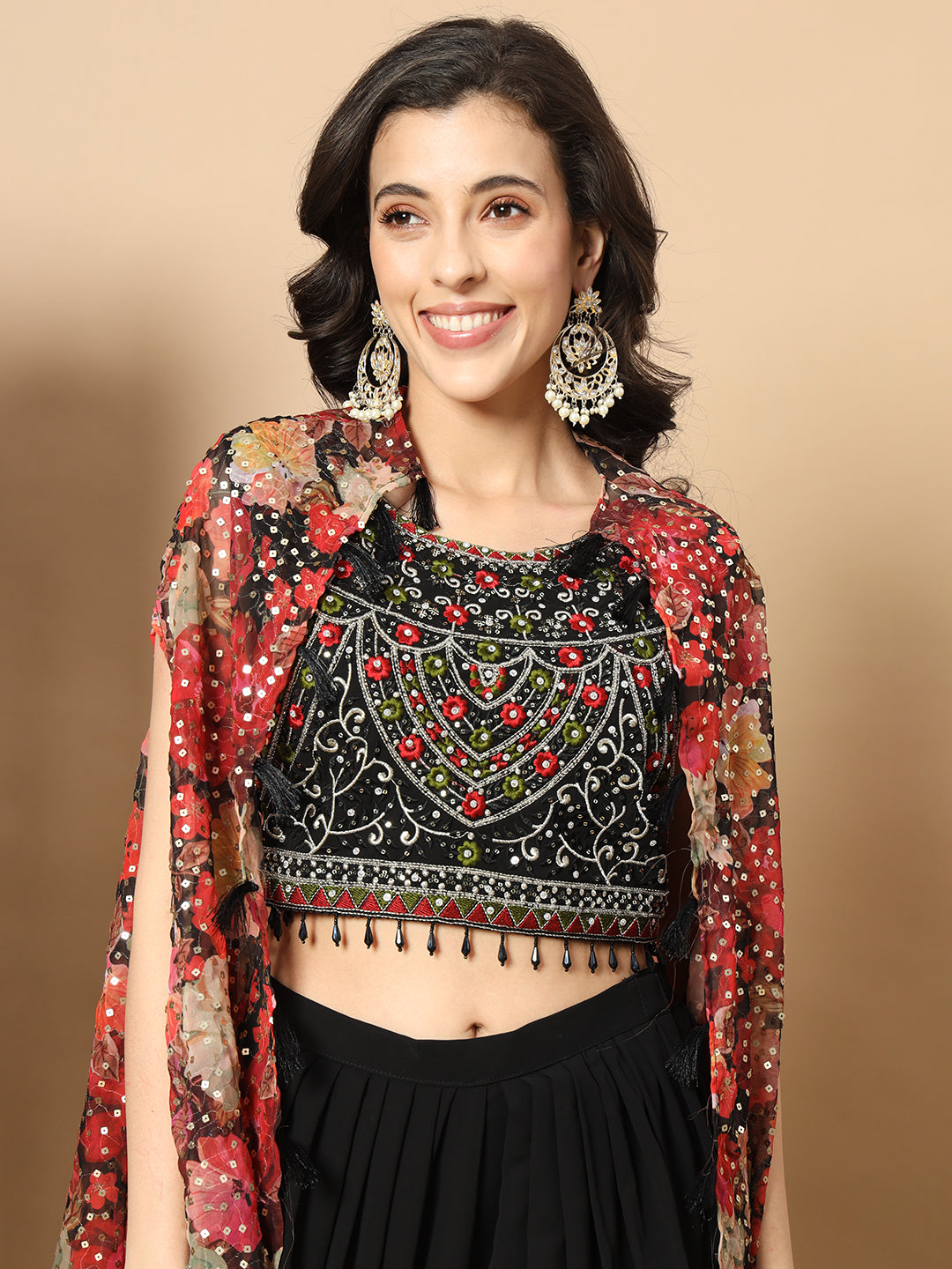 Digital Print Sequinned Cape with Resham Embroidered Crop-Top Palazzo & Stylish Dhoti
