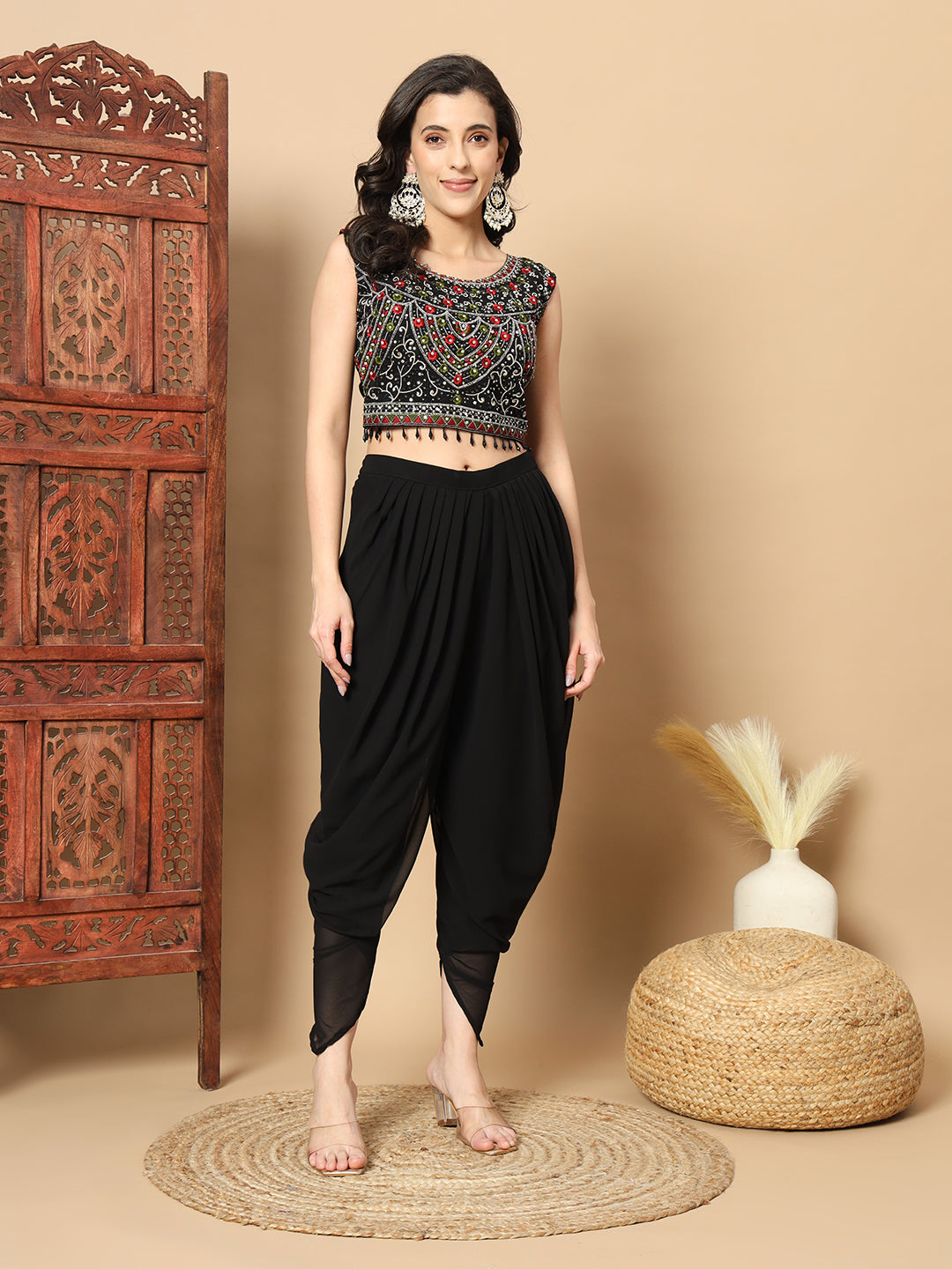 Digital Print Sequinned Cape with Resham Embroidered Crop-Top Palazzo & Stylish Dhoti