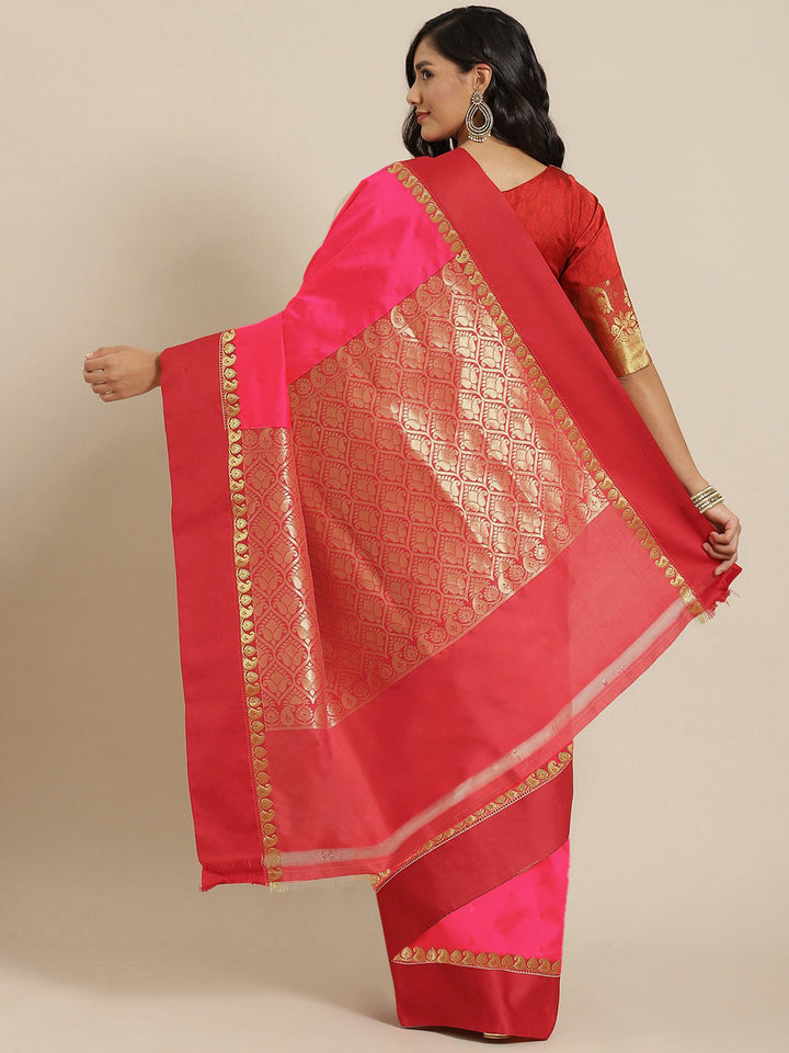 Pink & Red Zari Silk Blend Gadwal Saree