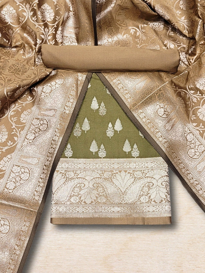 Banarasi Handloom Dress Material with Contrast color Handloom weaving & Tasseled Dupatta