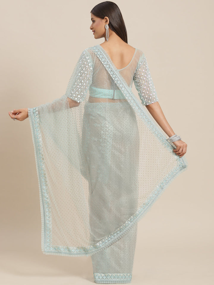 Ice Blue Resham & Crystal Embellished Saree with Pleated Border