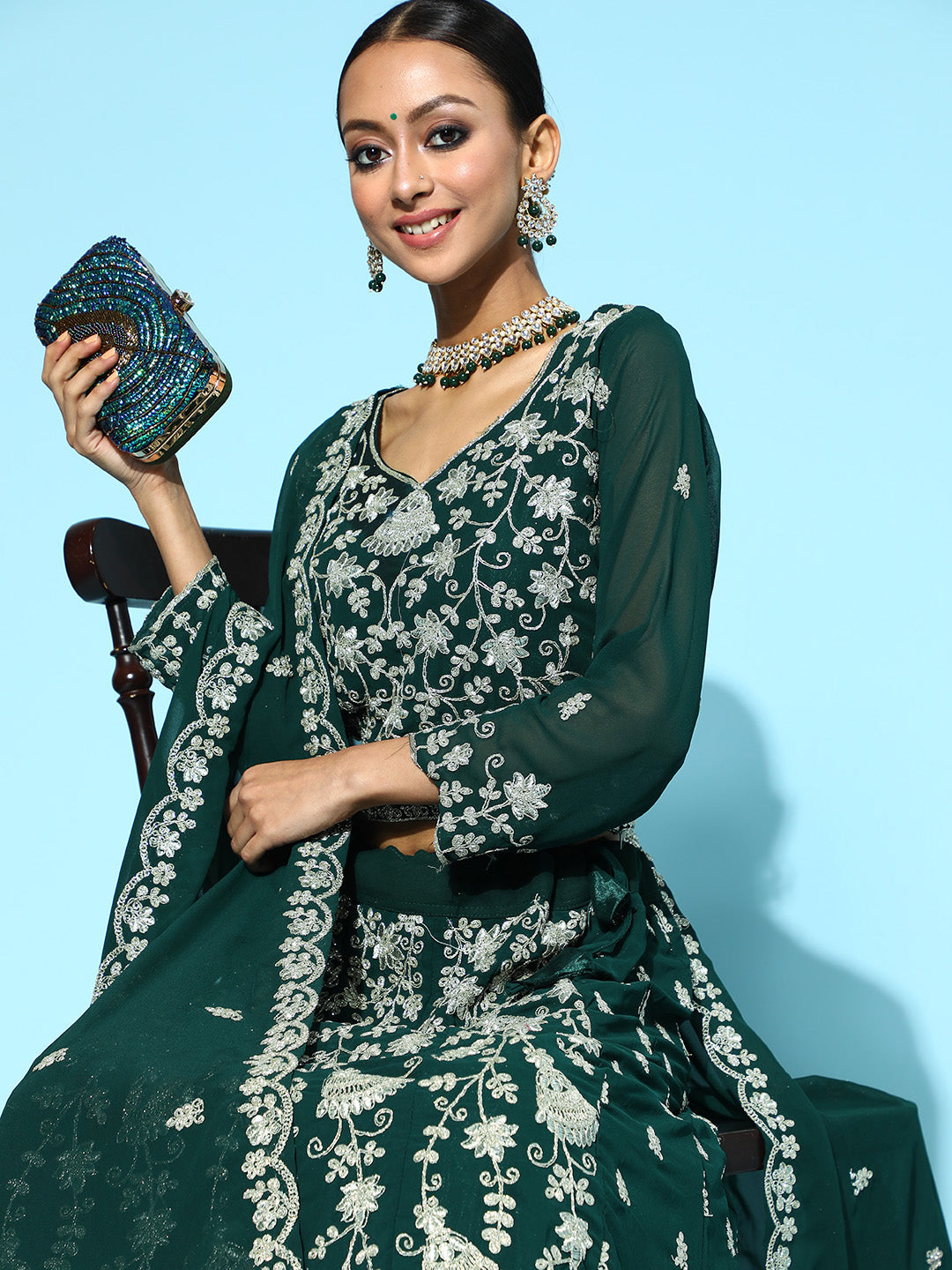 Bottle Green Georgette Flared Lehanga Choli with Floral Zari Embroidery