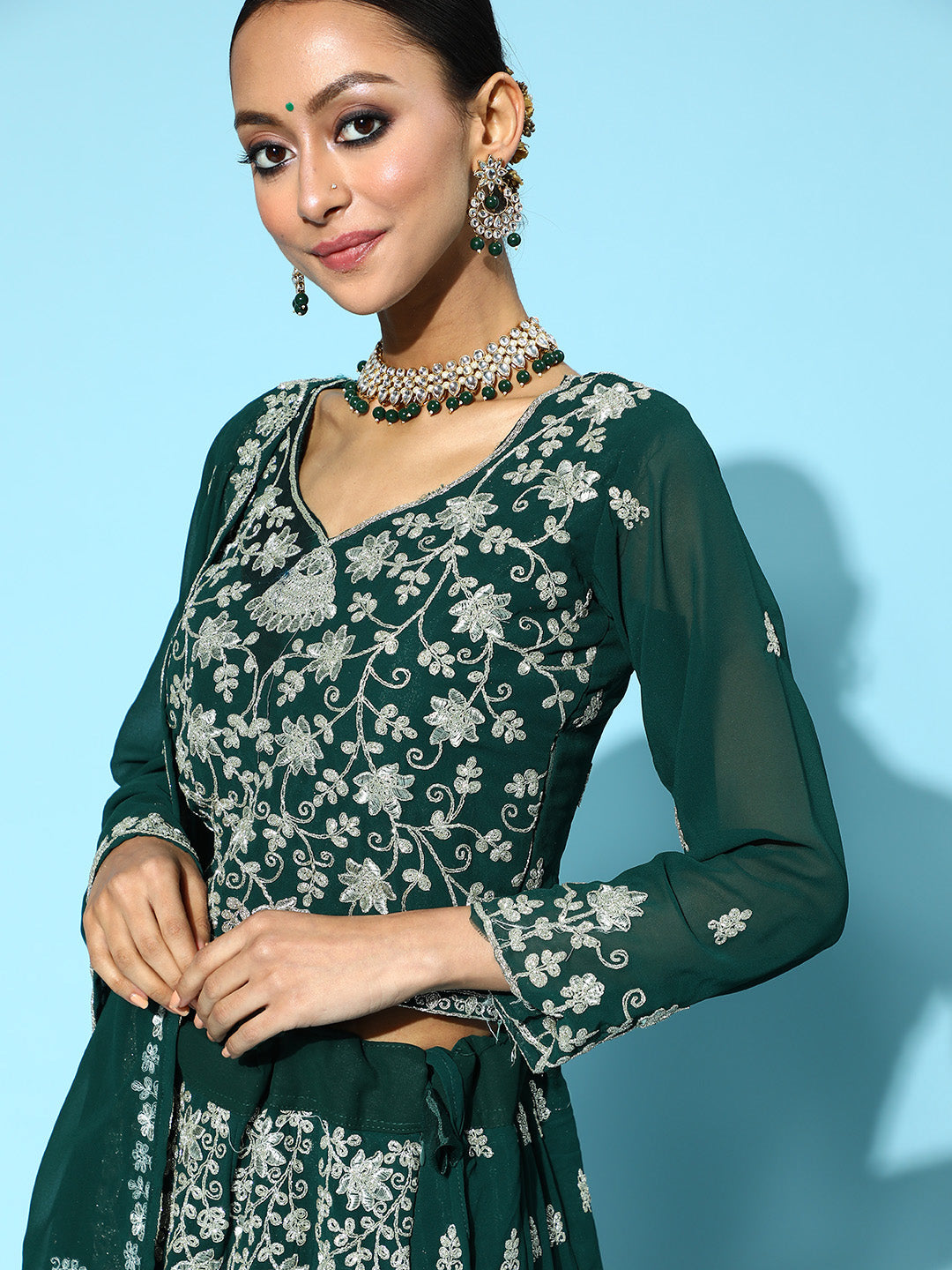 Bottle Green Georgette Flared Lehanga Choli with Floral Zari Embroidery