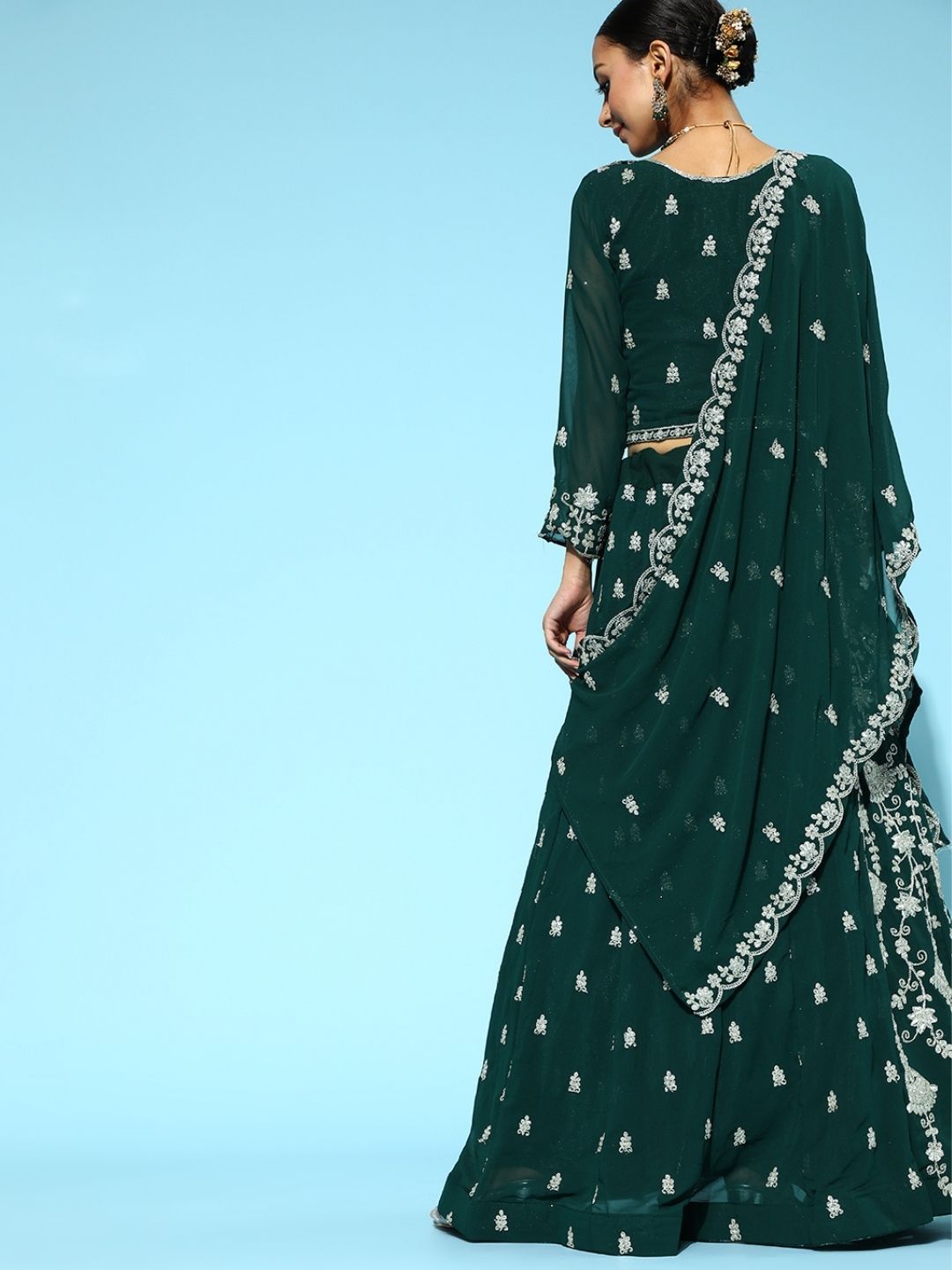 Bottle Green Georgette Flared Lehanga Choli with Floral Zari Embroidery