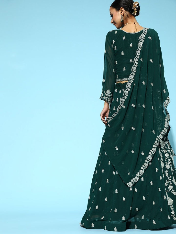 Bottle Green Georgette Flared Lehanga Choli with Floral Zari Embroidery