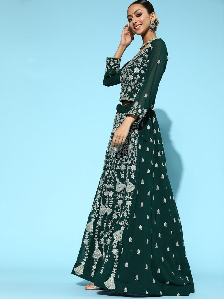 Bottle Green Georgette Flared Lehanga Choli with Floral Zari Embroidery