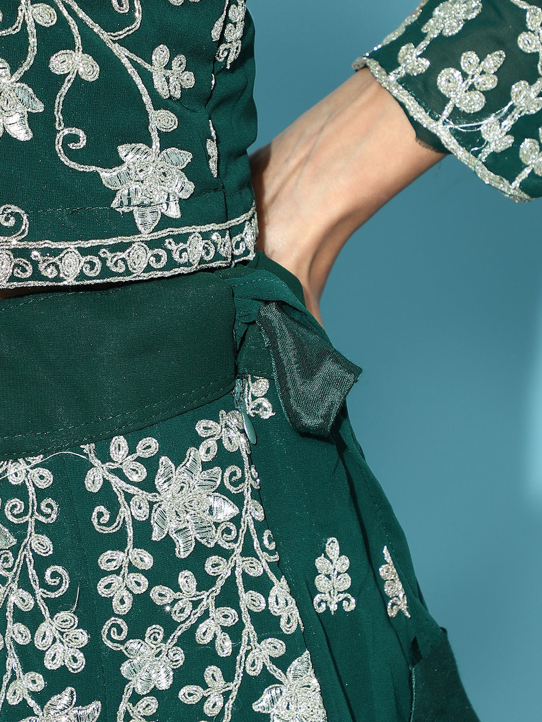 Bottle Green Georgette Flared Lehanga Choli with Floral Zari Embroidery