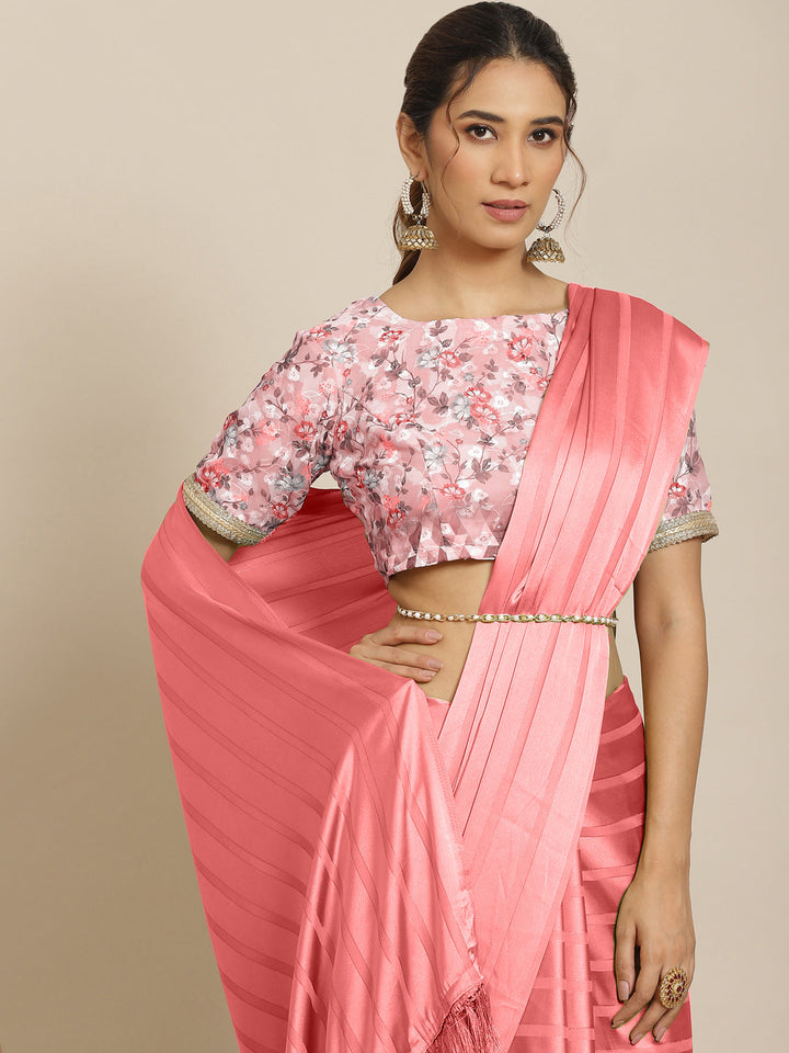 Pastel Pink Lucex Striped Satin Saree With Shiffli Embroidery Blouse