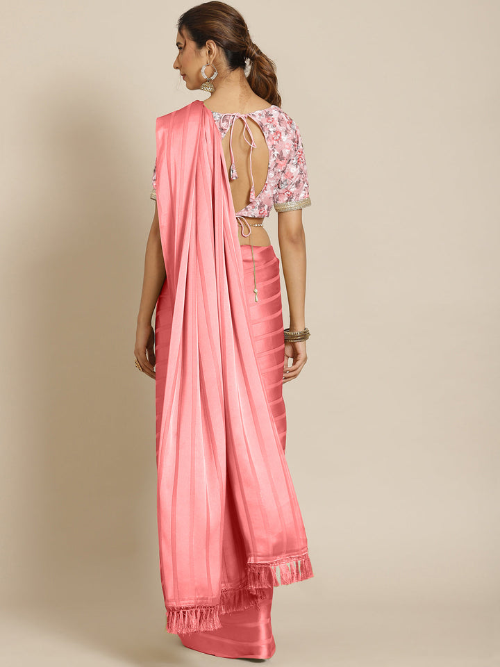 Pastel Pink Lucex Striped Satin Saree With Shiffli Embroidery Blouse