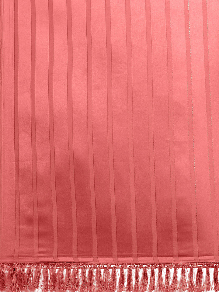 Pastel Pink Lucex Striped Satin Saree With Shiffli Embroidery Blouse