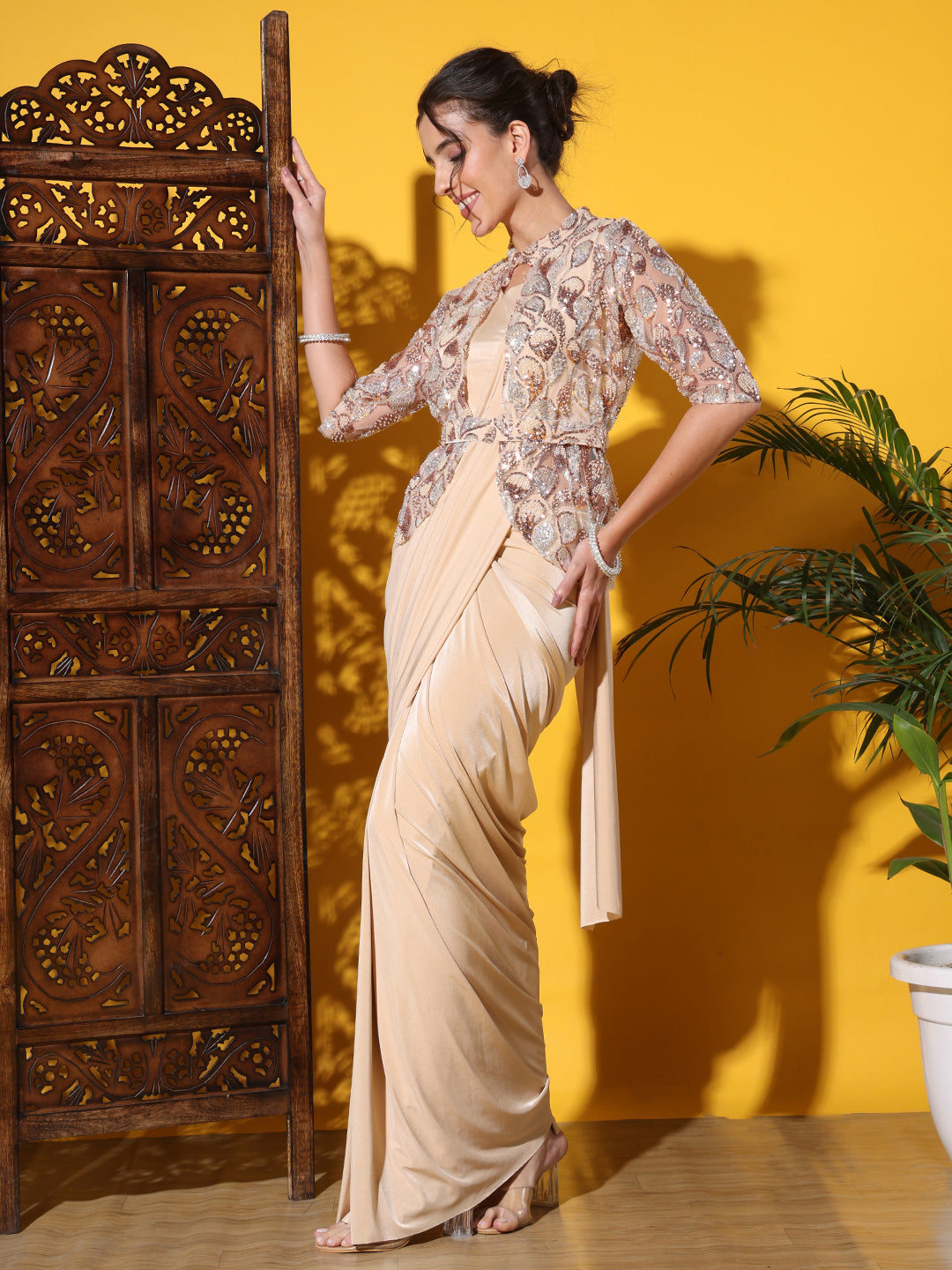 Pre-stitched Draped Saree with Sequin Zari Embroidered Jacket and Belt