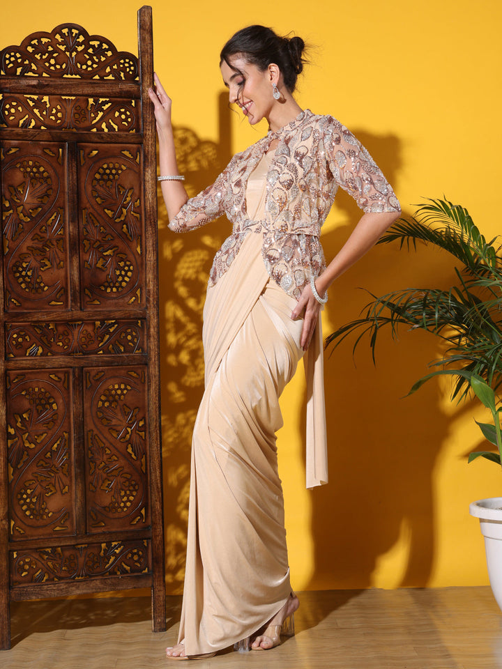 Pre-stitched Draped Saree with Sequin Zari Embroidered Jacket and Belt