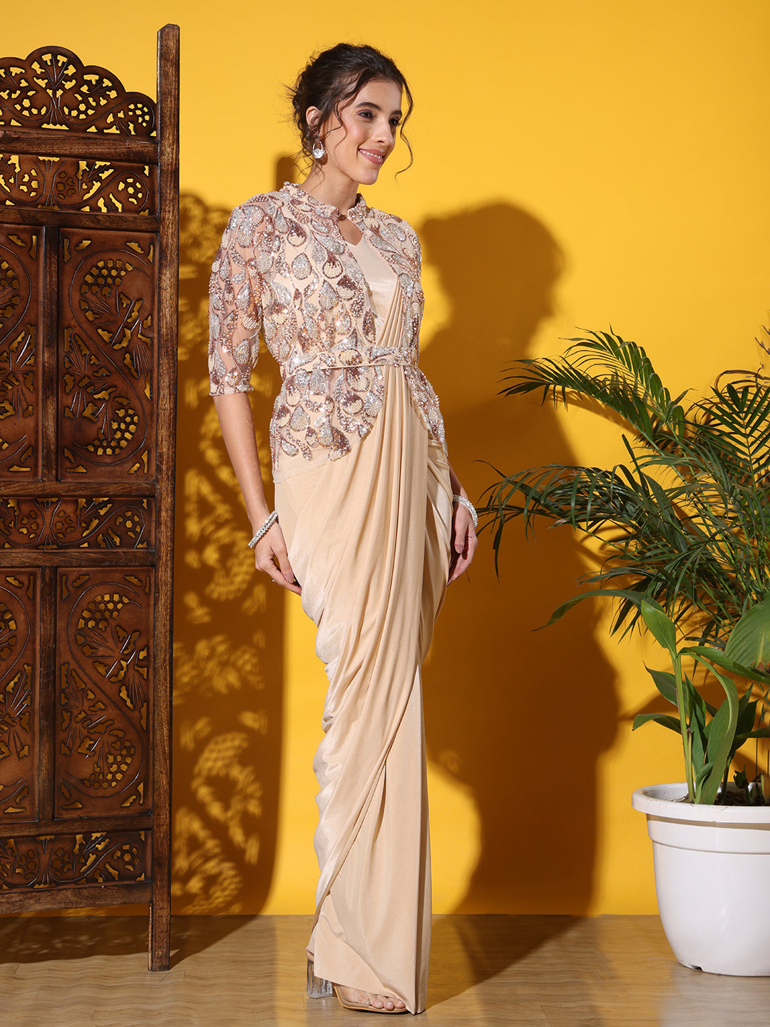 Pre-stitched Draped Saree with Sequin Zari Embroidered Jacket and Belt