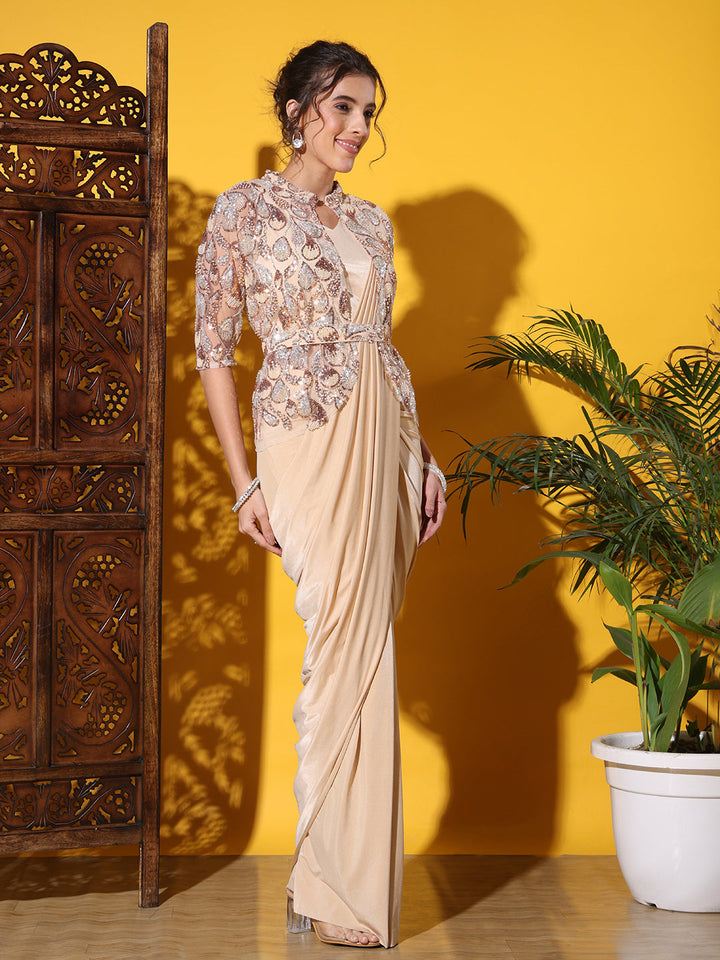 Pre-stitched Draped Saree with Sequin Zari Embroidered Jacket and Belt