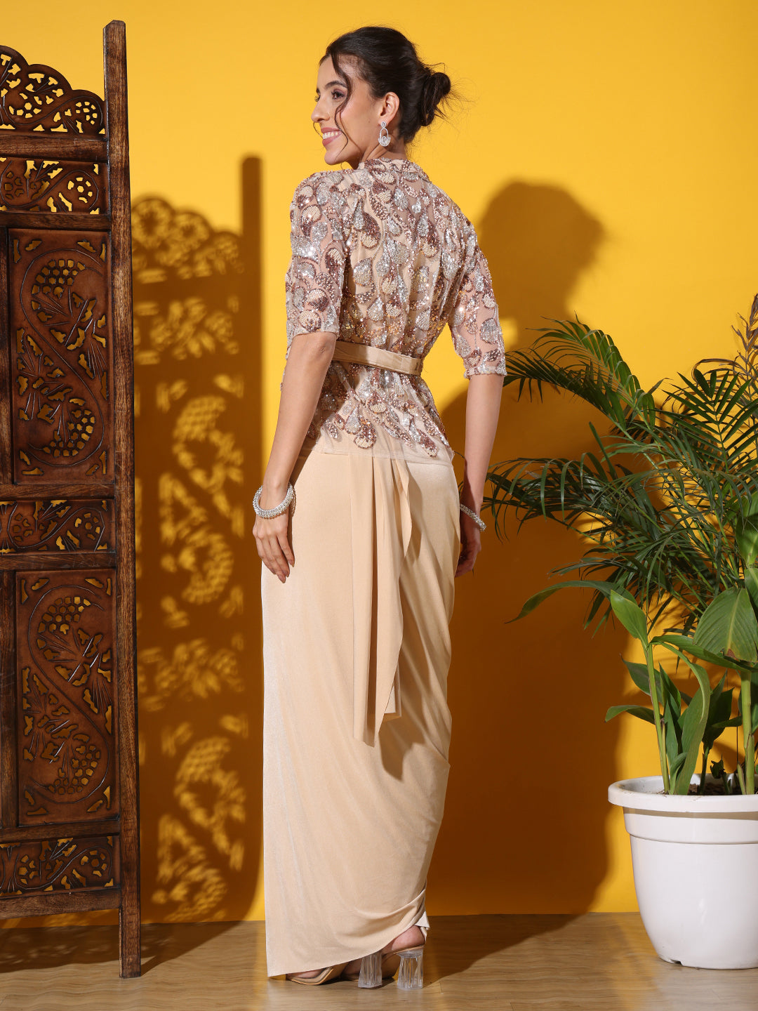 Pre-stitched Draped Saree with Sequin Zari Embroidered Jacket and Belt
