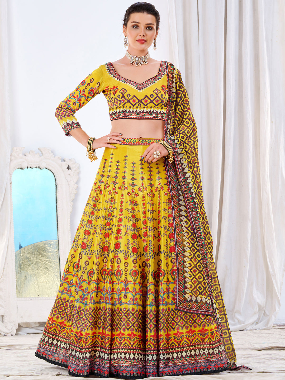 Crystal Embellished Bright Yellow Kalidar Lehenga Choli Set & Dupatta