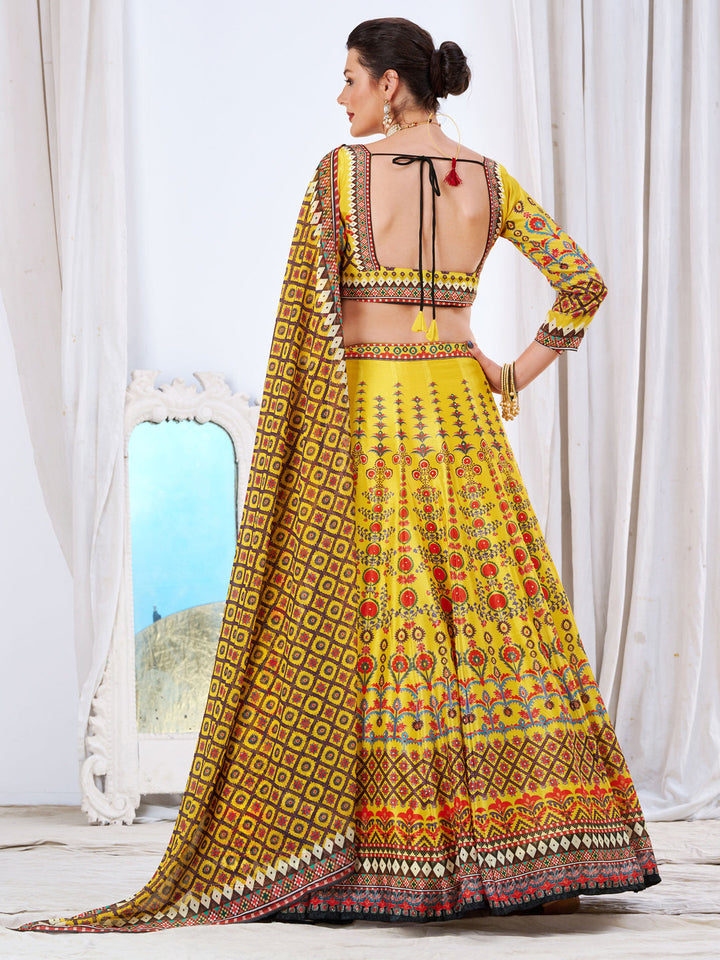 Crystal Embellished Bright Yellow Kalidar Lehenga Choli Set & Dupatta
