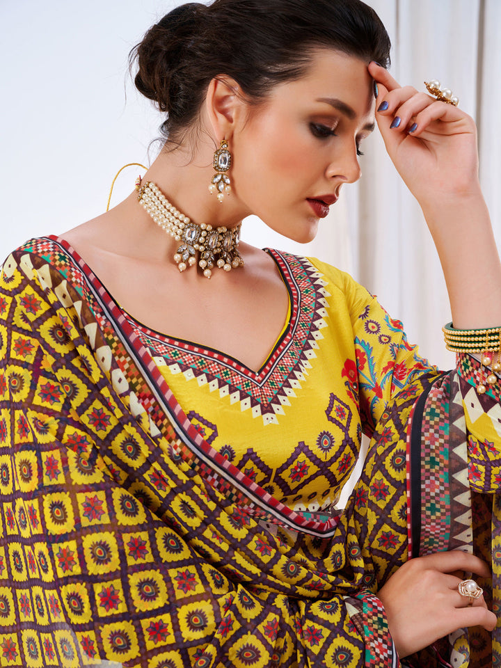 Crystal Embellished Bright Yellow Kalidar Lehenga Choli Set & Dupatta