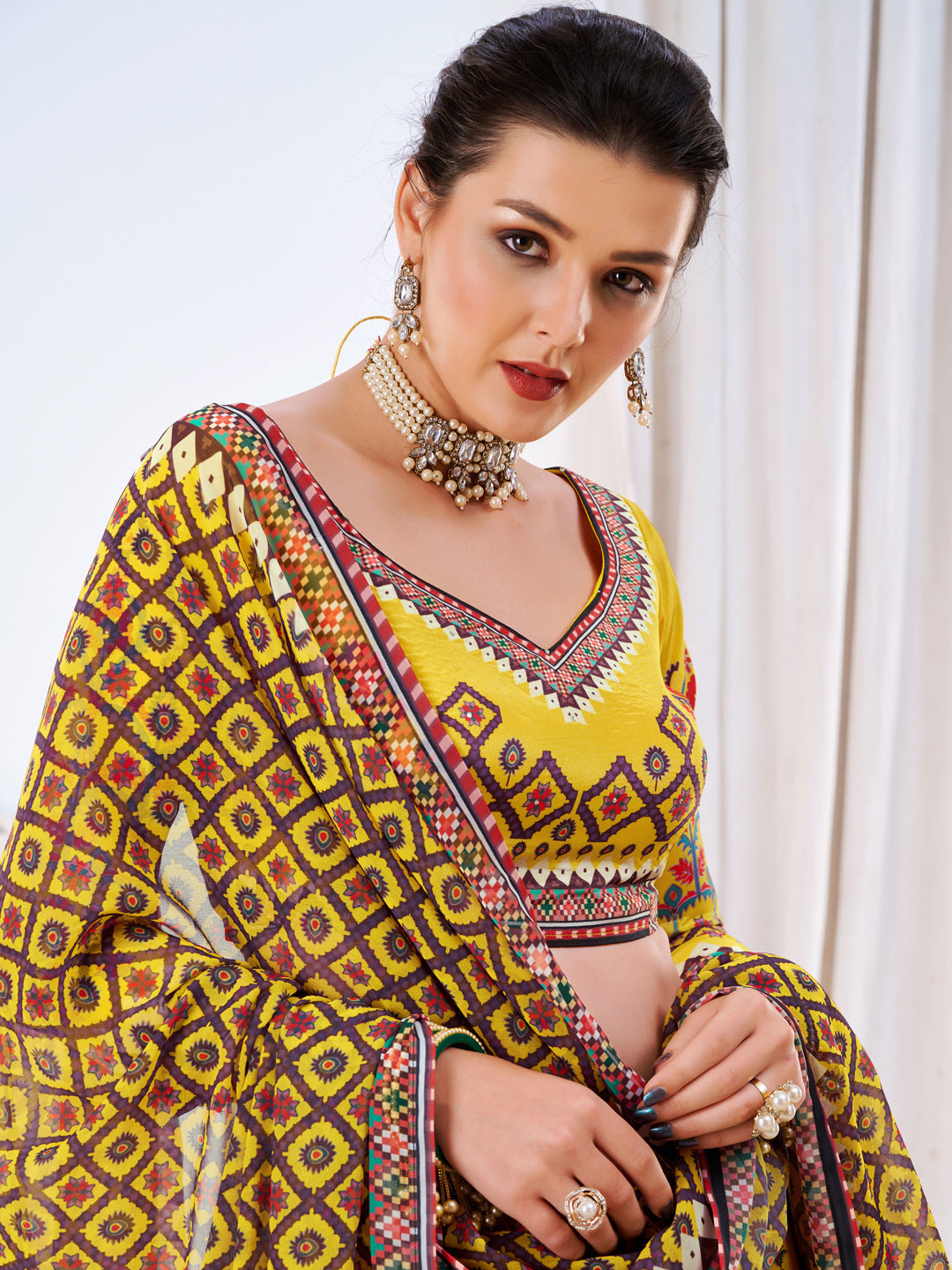 Crystal Embellished Bright Yellow Kalidar Lehenga Choli Set & Dupatta