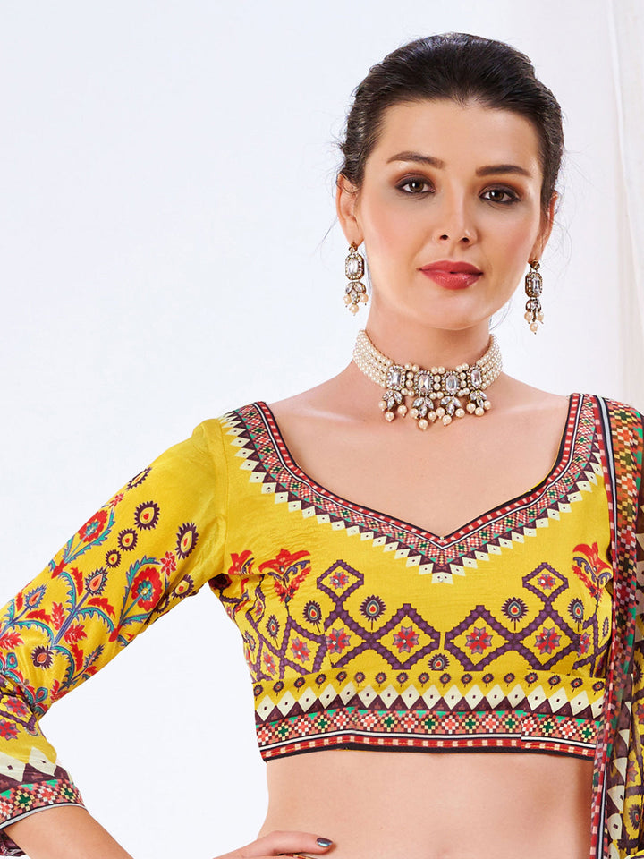 Crystal Embellished Bright Yellow Kalidar Lehenga Choli Set & Dupatta
