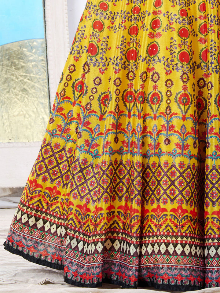 Crystal Embellished Bright Yellow Kalidar Lehenga Choli Set & Dupatta