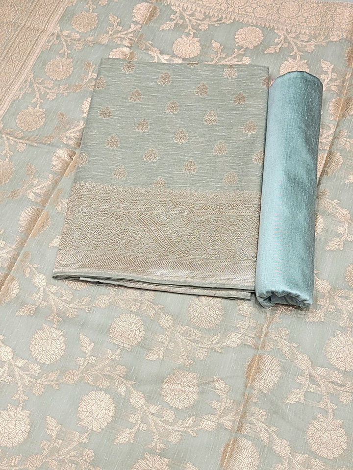 Banarasi Handloom Jute Silk Dress Material with Slub Weave & Tasseled Jhalar Dupatta