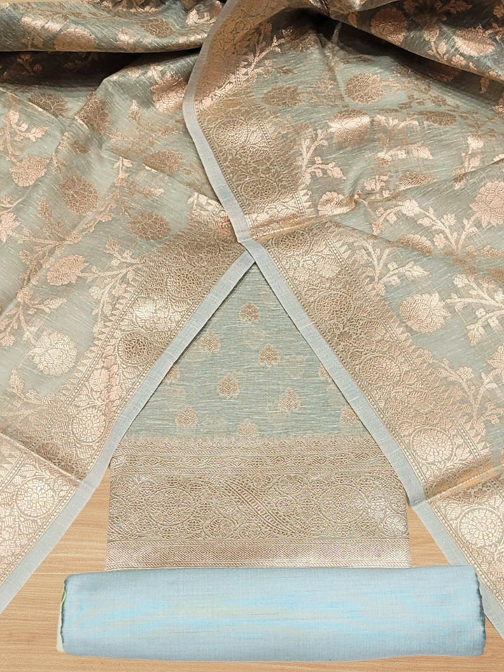 Banarasi Handloom Jute Silk Dress Material with Slub Weave & Tasseled Dupatta