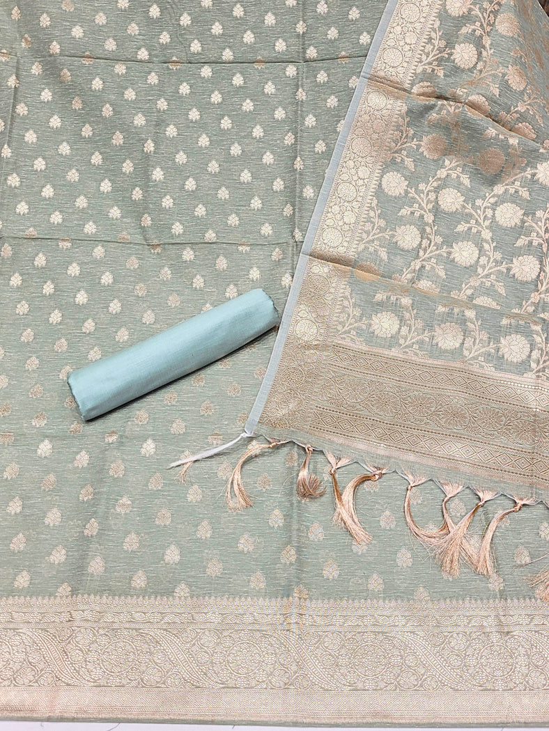Banarasi Handloom Jute Silk Dress Material with Slub Weave & Tasseled Dupatta