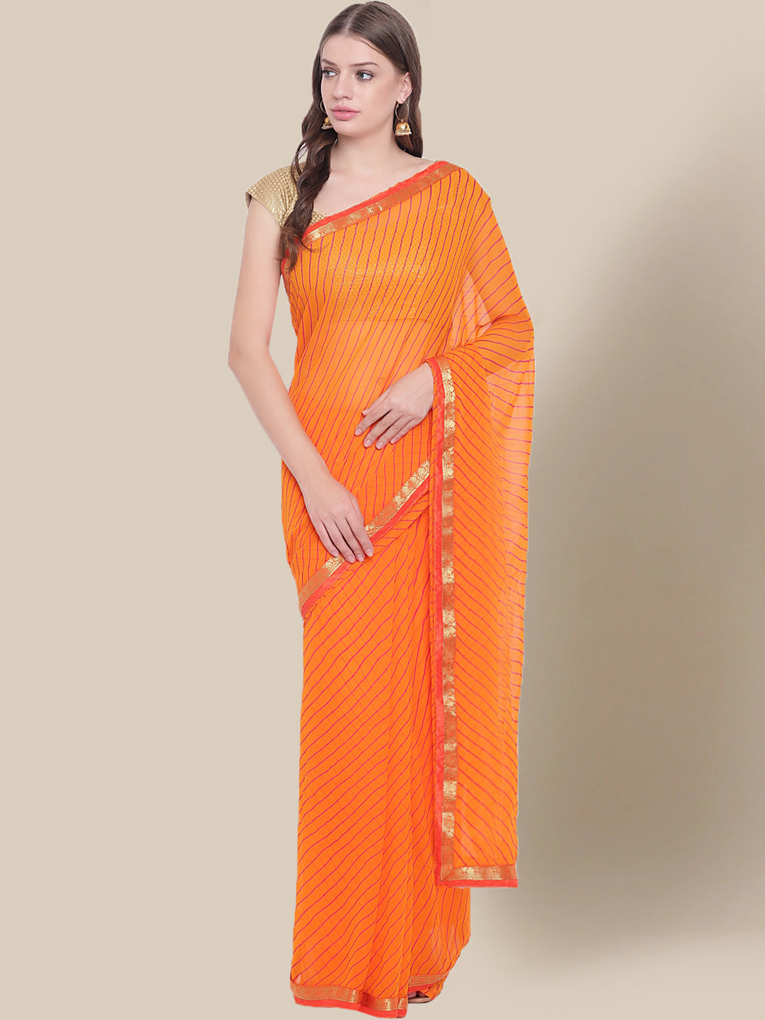 Orange Georgette Leheriya saree with Woven Brocade border