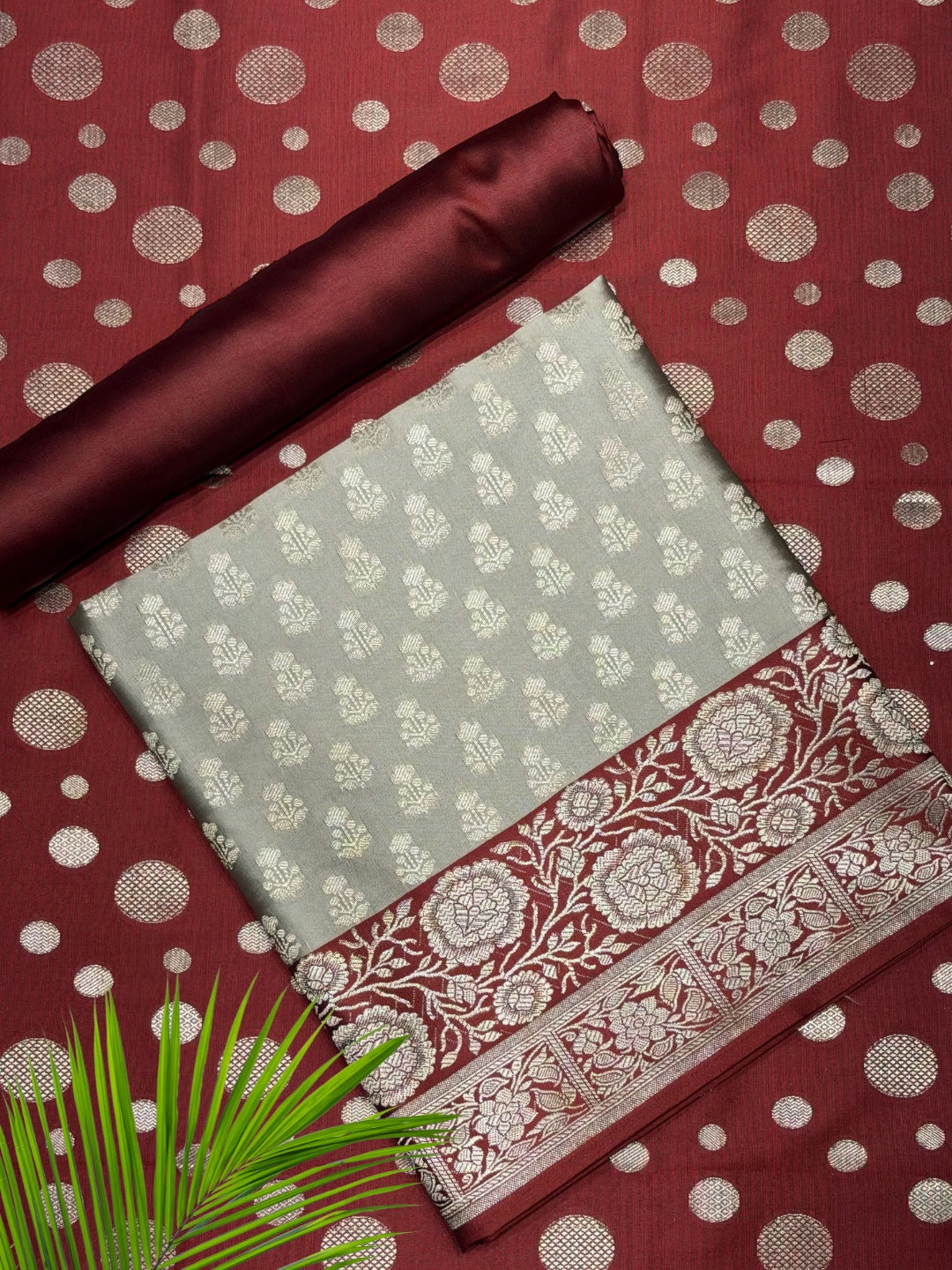 Banarasi Silk Colorblocked Dress Material with Floral Zari Woven Motifs & Jhalar Dupatta