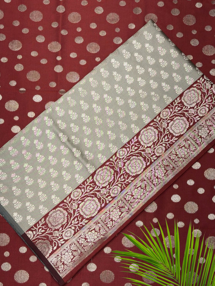 Banarasi Silk Colorblocked Dress Material with Floral Zari Woven Motifs & Jhalar Dupatta