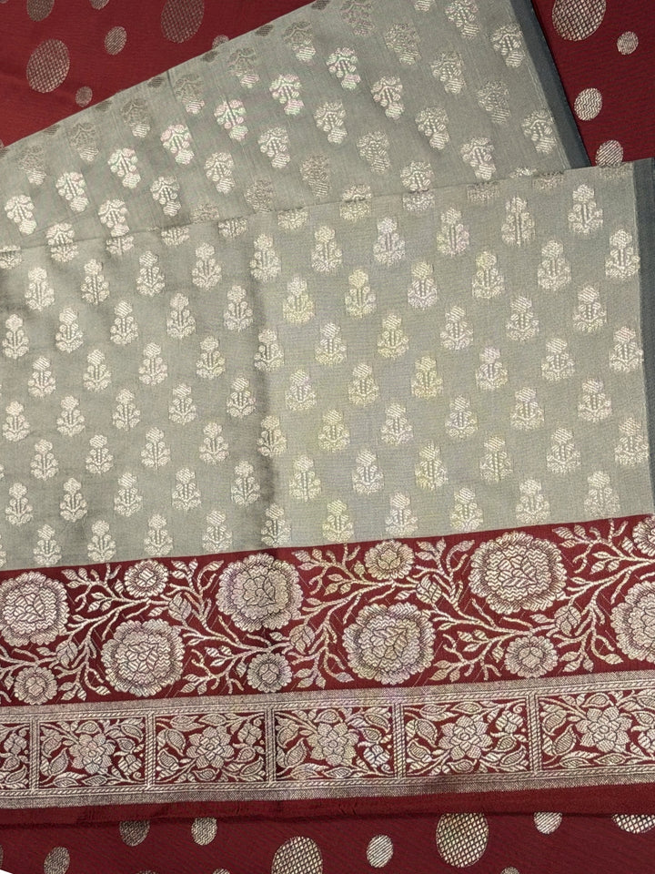 Banarasi Silk Colorblocked Dress Material with Floral Zari Woven Motifs & Jhalar Dupatta