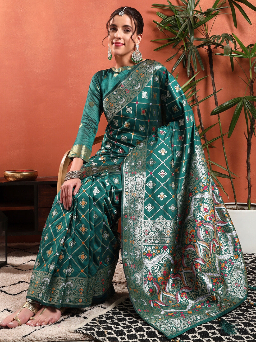 Traditional Banarasi Handloom Gharchola Patola Silk Saree with Gold Meenakari Weaving