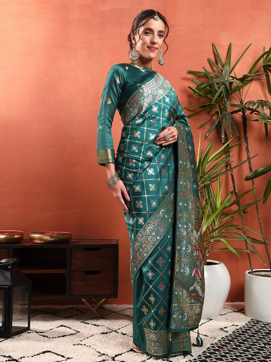 Traditional Banarasi Handloom Gharchola Patola Silk Saree with Gold Meenakari Weaving