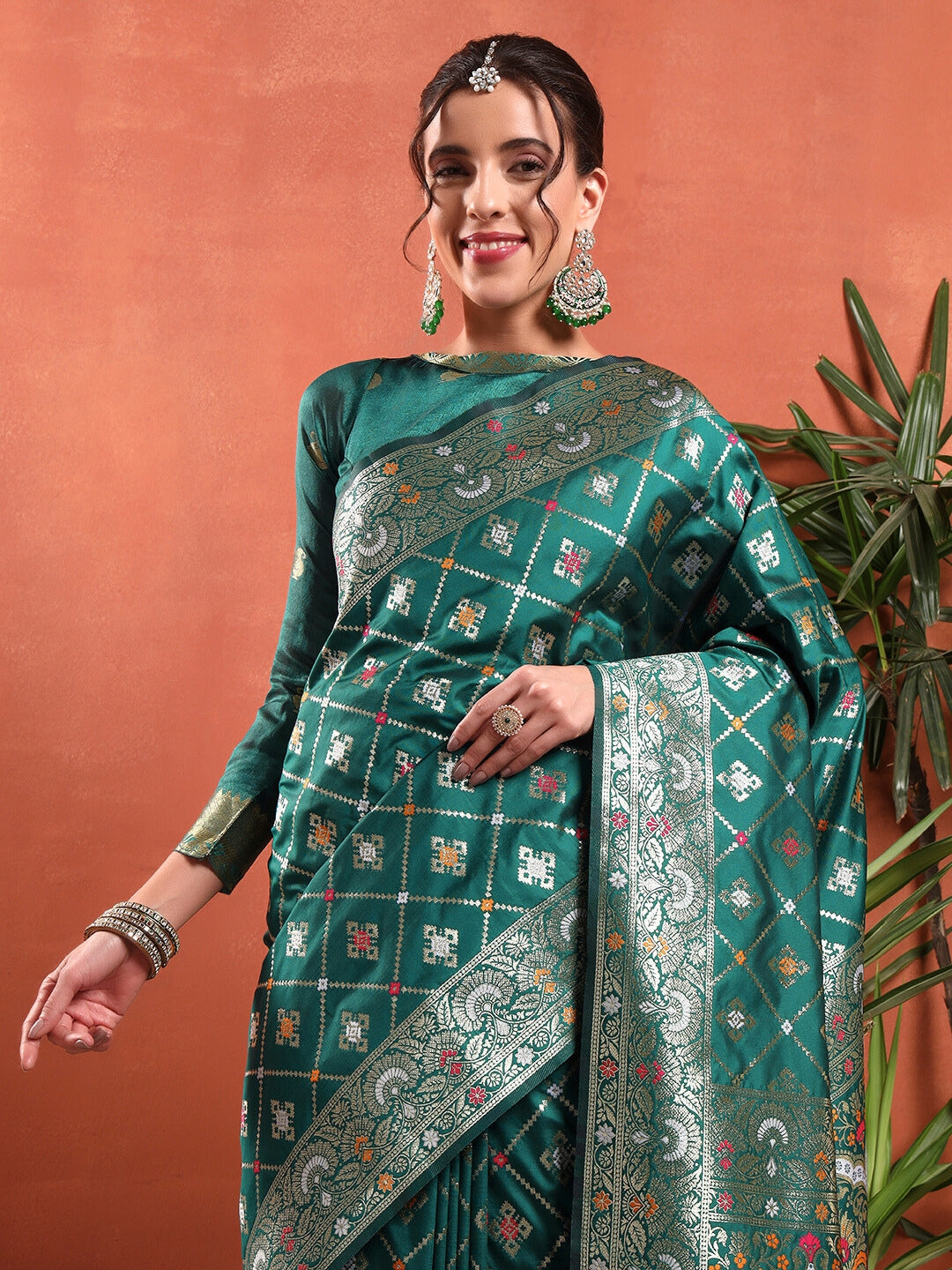 Traditional Banarasi Handloom Gharchola Patola Silk Saree with Gold Meenakari Weaving