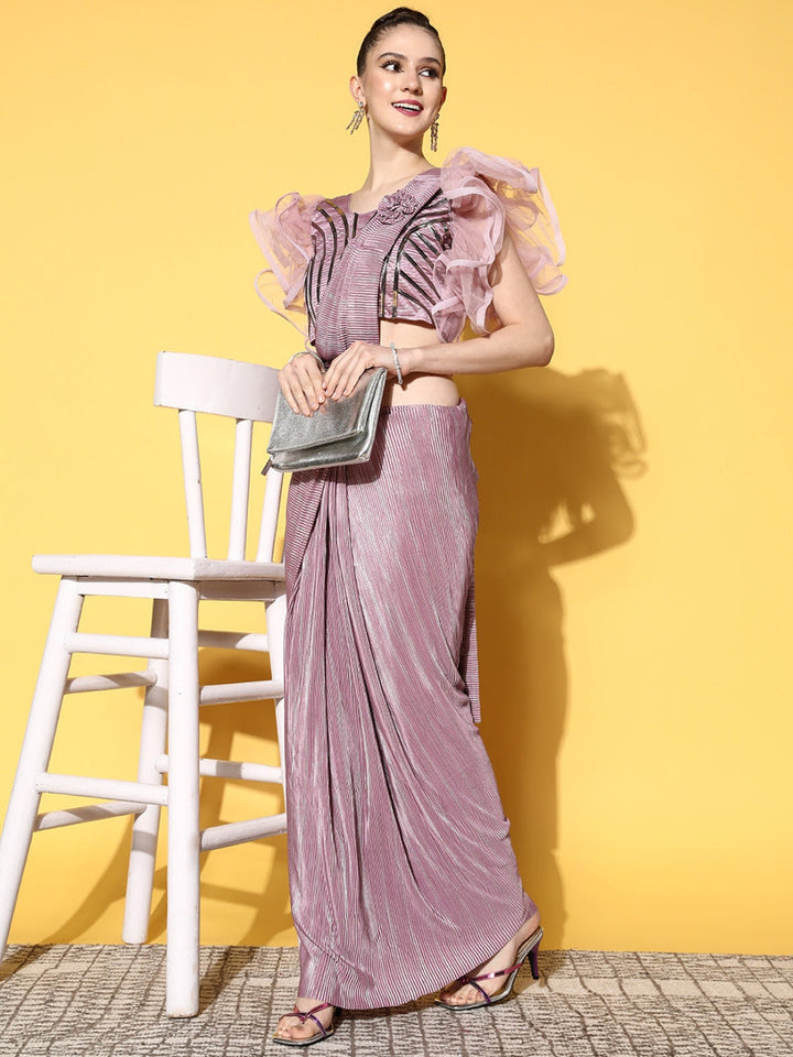 Lilac Lycra Pleated Belt Saree & Embellished Ruffled Sleeves Blouse