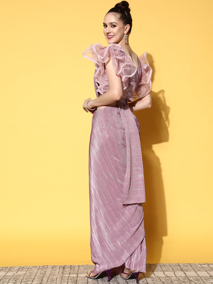 Lilac Lycra Pleated Belt Saree & Embellished Ruffled Sleeves Blouse
