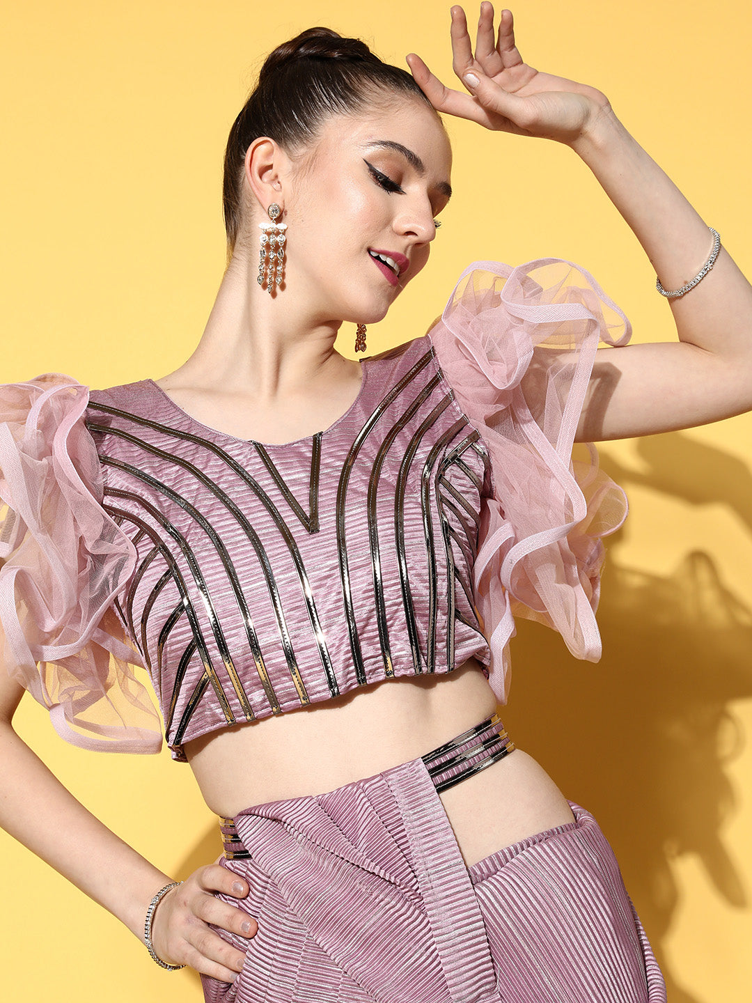 Lilac Lycra Pleated Belt Saree & Embellished Ruffled Sleeves Blouse