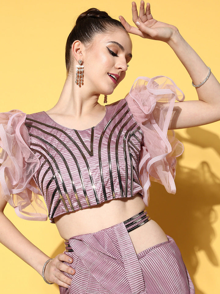 Lilac Lycra Pleated Belt Saree & Embellished Ruffled Sleeves Blouse