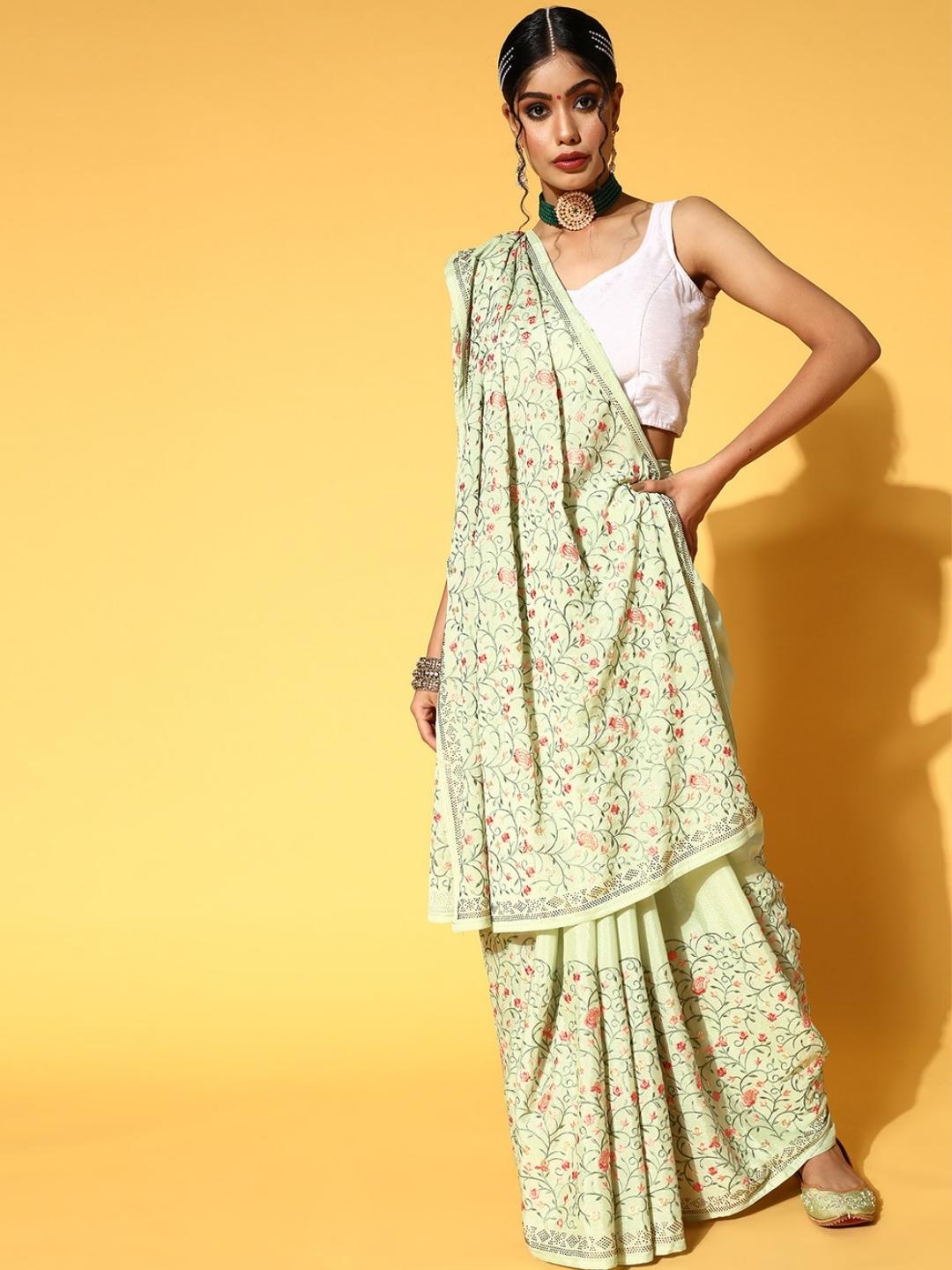 Pastel Green Resham Emboidered Chinnon Saree With Crystal Border