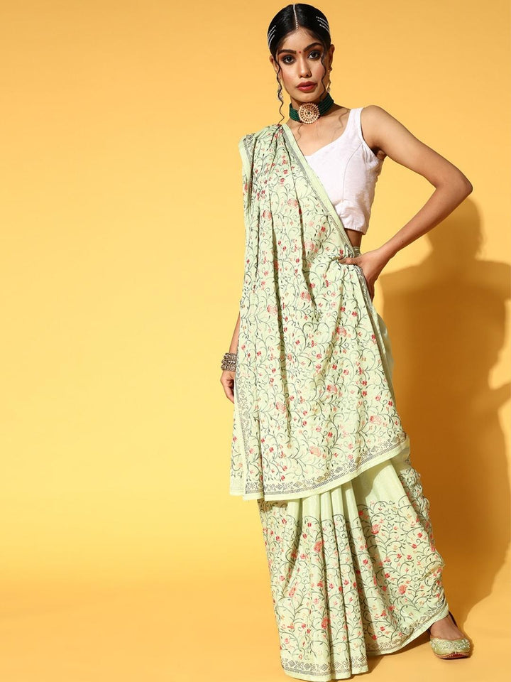 Pastel Green Resham Emboidered Chinnon Saree With Crystal Border