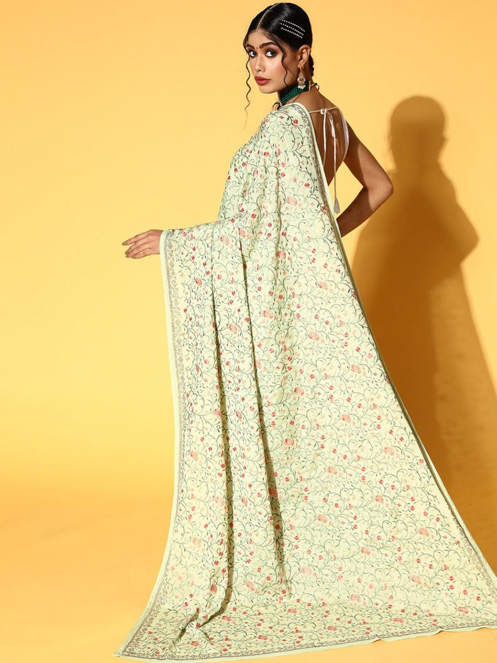 Pastel Green Resham Emboidered Chinnon Saree With Crystal Border