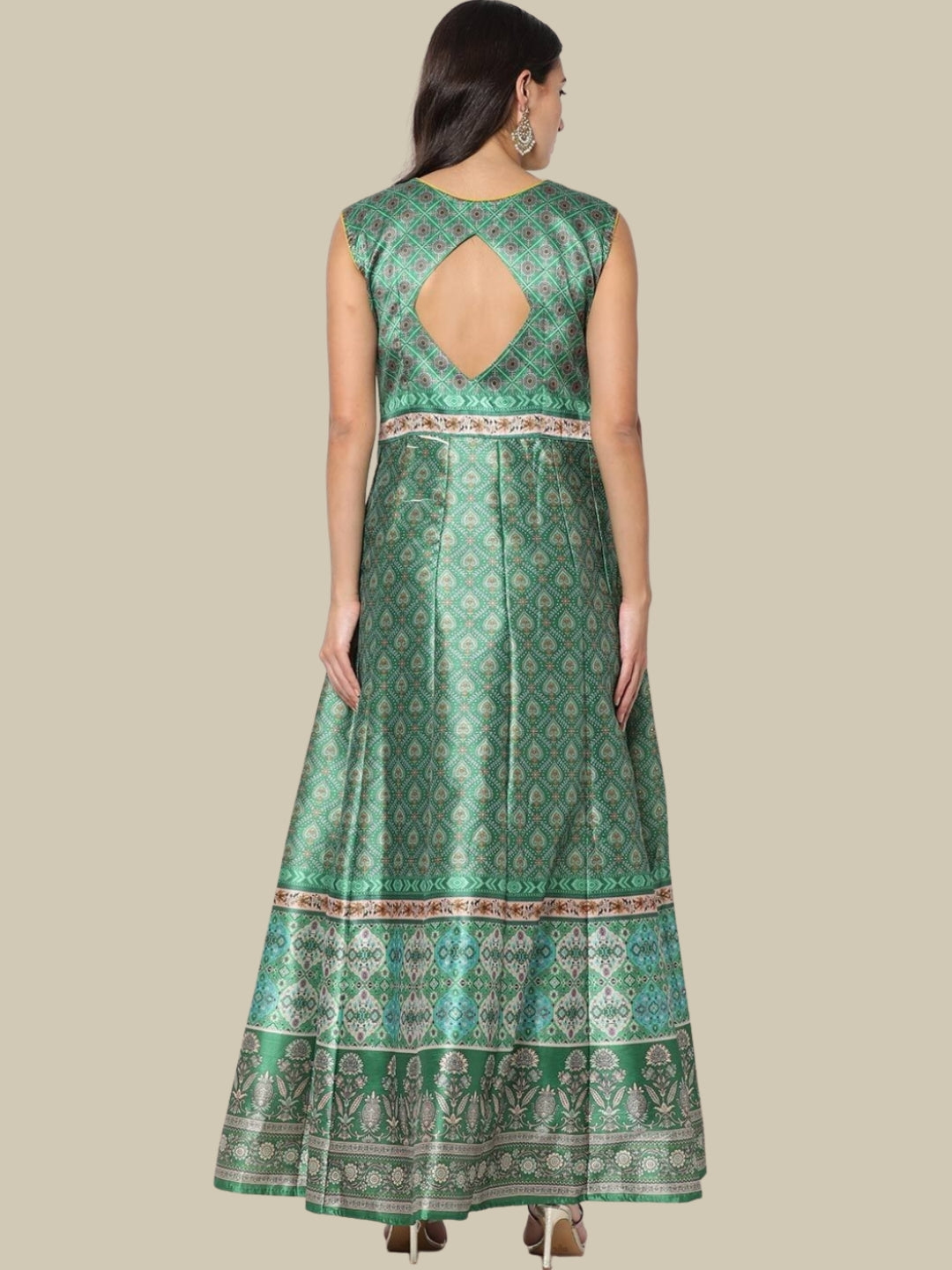 Green Ikat inspired Digital Print Gown With Net Dupatta