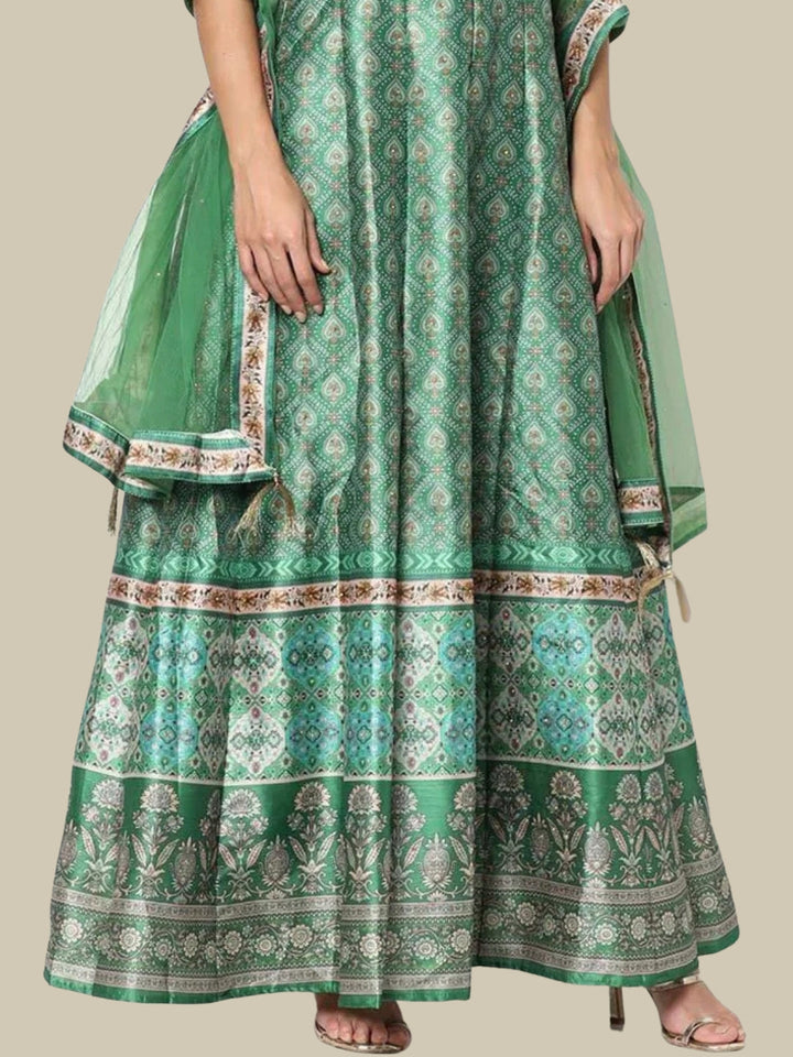 Green Ikat inspired Digital Print Gown With Net Dupatta