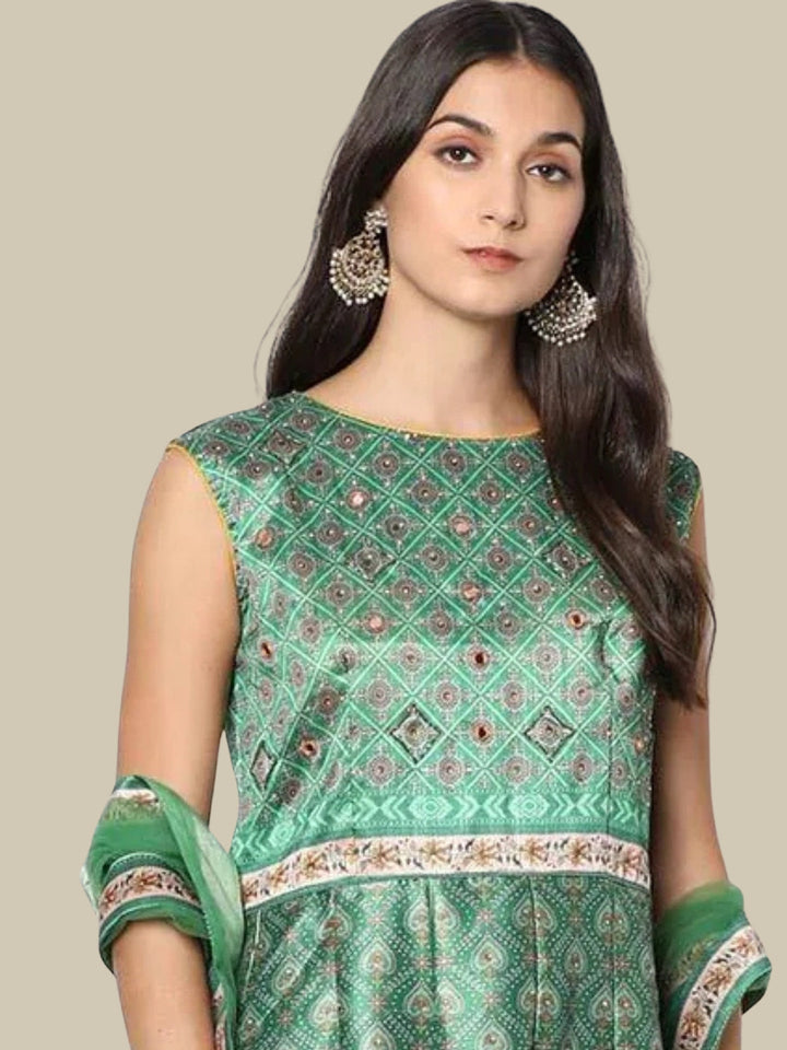 Green Ikat inspired Digital Print Gown With Net Dupatta