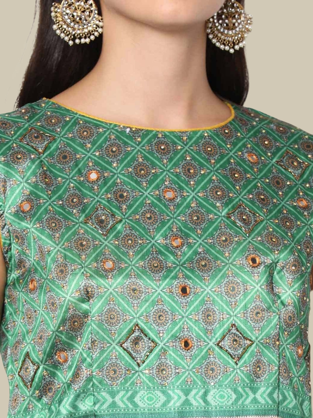 Green Ikat inspired Digital Print Gown With Net Dupatta