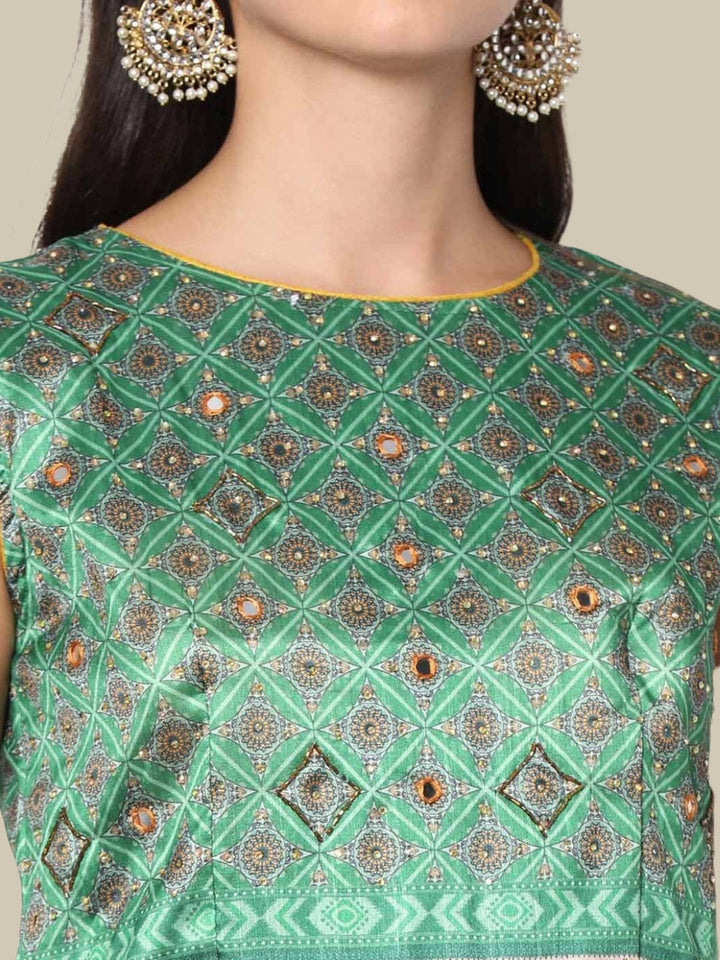 Green Ikat inspired Digital Print Gown With Net Dupatta