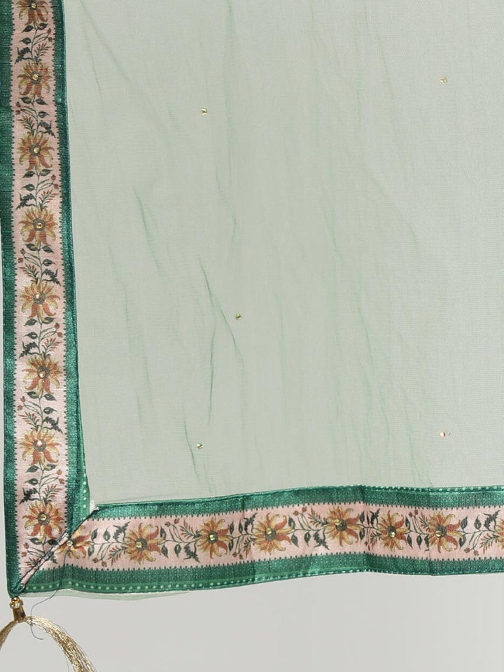 Green Ikat inspired Digital Print Gown With Net Dupatta