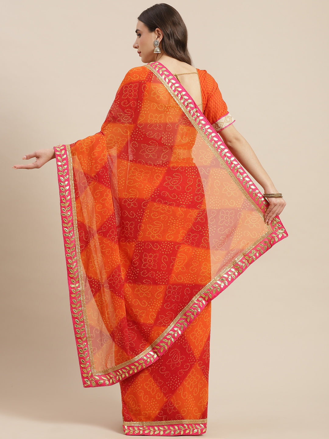 Red, Orange Georgette Bandhani Print Saree & Gota Patti Jaipuri Border