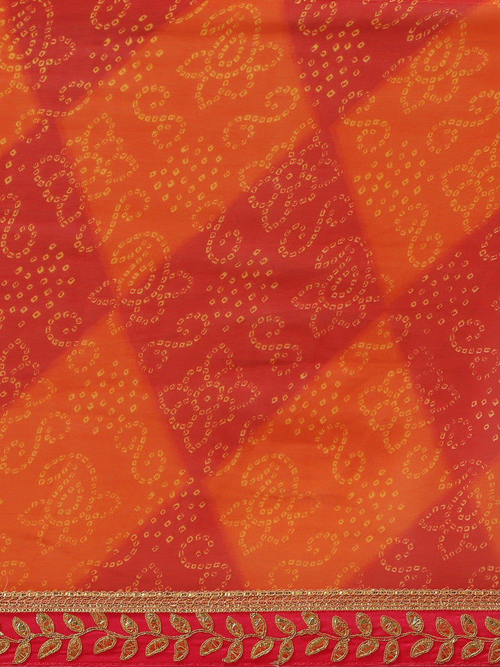 Red, Orange Georgette Bandhani Print Saree & Gota Patti Jaipuri Border